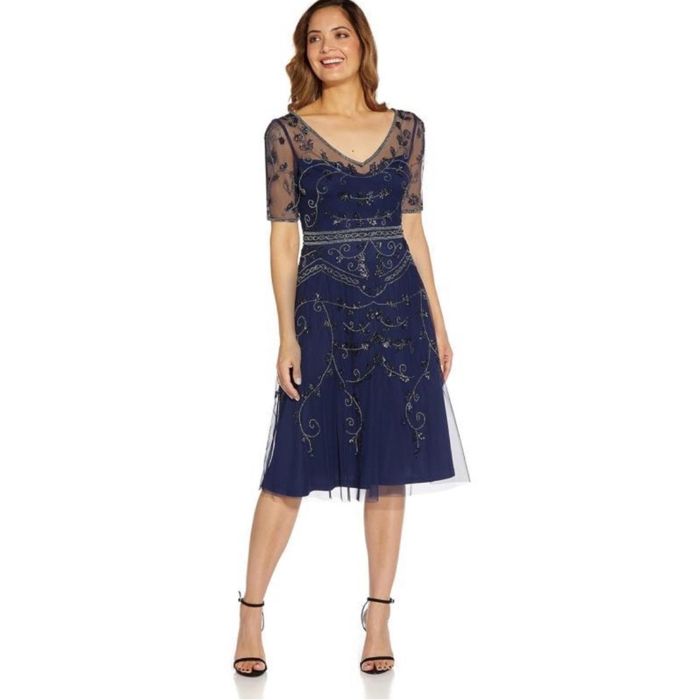 Adrianna Papell Navy Embroidered Midi Dress
